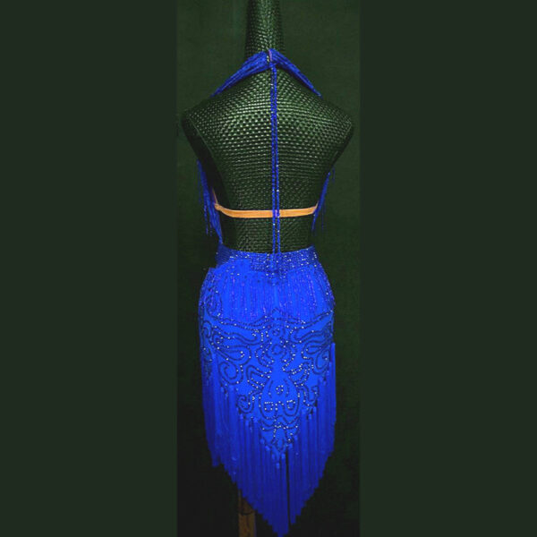 Blue Latin and Rhythm dance dress with beaded fringe - Image 2