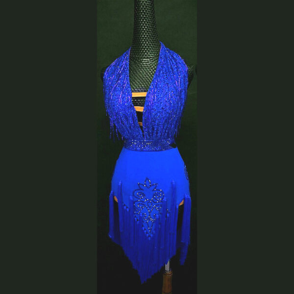 Blue Latin and Rhythm dance dress with beaded fringe