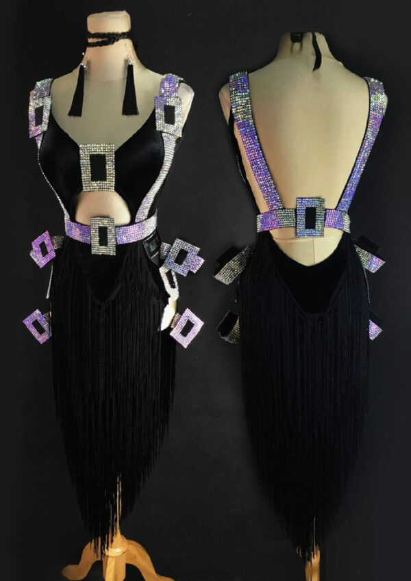 Black Latin and Rhythm dance dress with stoned buckles