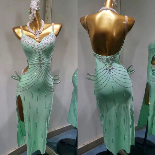 Mint green Latin and rhythm dance dress with pearls and crystals - Image 4