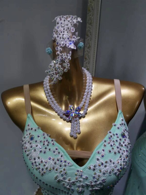Mint green Latin and rhythm dance dress with pearls and crystals - Image 3