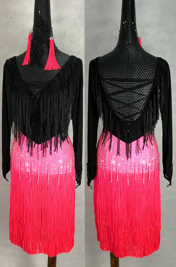 Black and pink Latin and rhythm dance dress with stoned fringe - Image 3