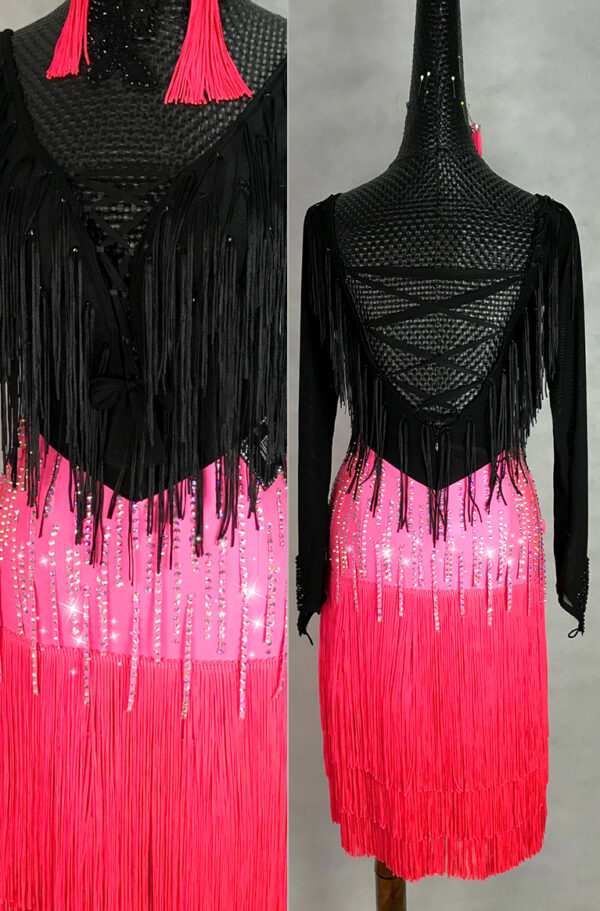 Black and pink Latin and rhythm dance dress with stoned fringe - Image 2