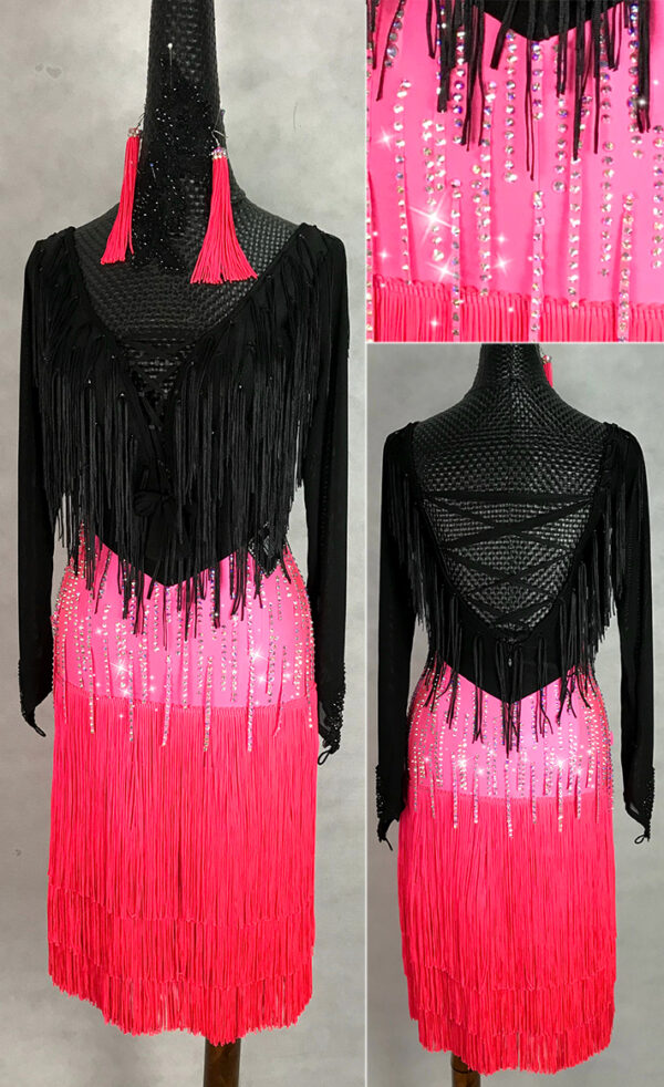 Black and pink Latin and rhythm dance dress with stoned fringe