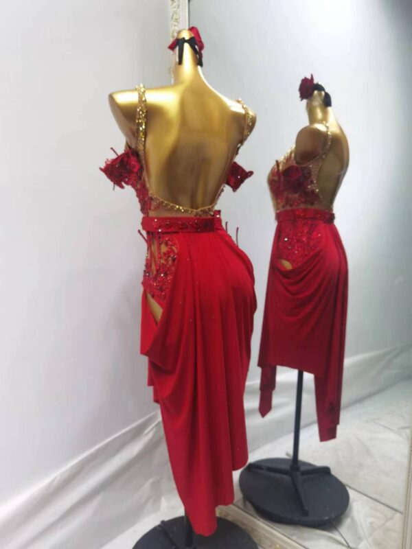 Red Latin and Rhythm dance dress with appliques, golden beaded fringe and slit - Image 4