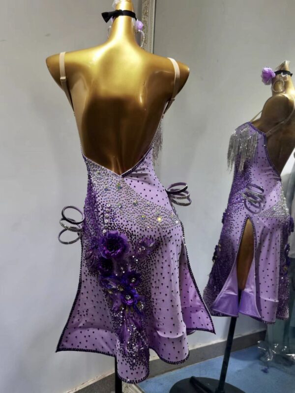 Purple Latin and Rhythm dance dress with beaded fringe, flowers and crystals - Image 2