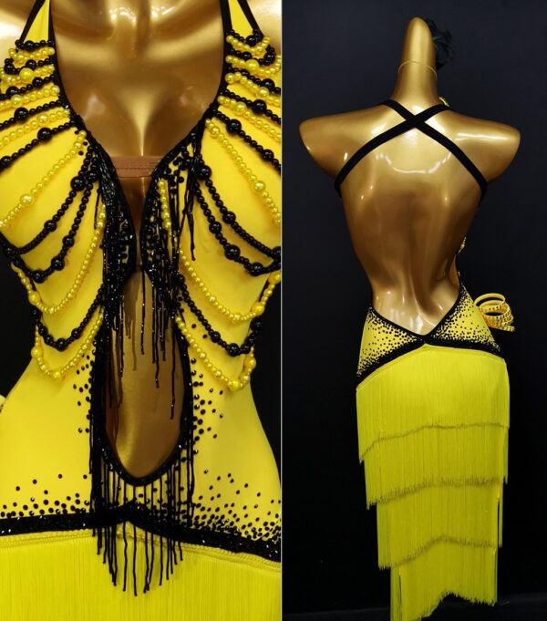 Yellow Latin and Rhythm dance dress with fringe and pearls - Image 2