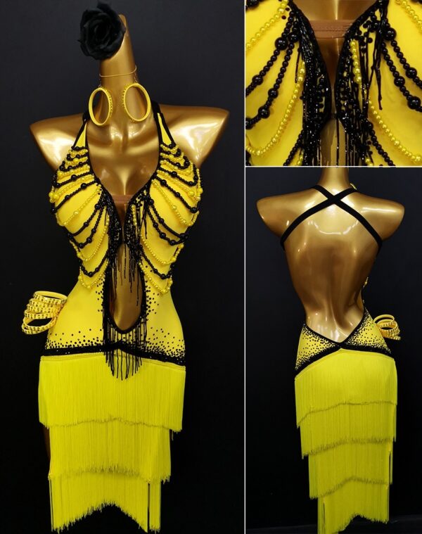 Yellow Latin and Rhythm dance dress with fringe and pearls