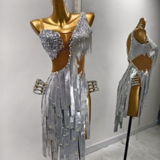 silver latin dance dress with striped fringe