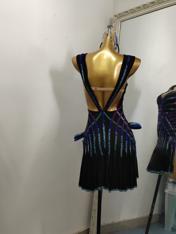 Blue and purple Latin and Rhythm dance dress with black base, and colorful crystals - Image 2