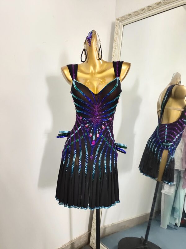 Blue and purple Latin and Rhythm dance dress with black base, and colorful crystals