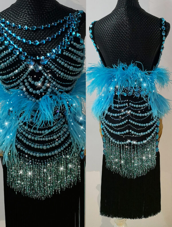 Aqua blue and black Latin and Rhythm dance dress with feathers, beaded fringe, pearls, and crystals - Image 2