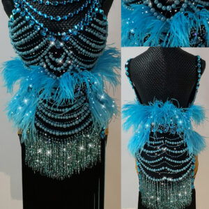 Aqua blue and black Latin and Rhythm dance dress with feathers, beaded fringe, pearls, and crystals