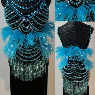 Aqua blue and black Latin dance costume with feathers and beaded fringe