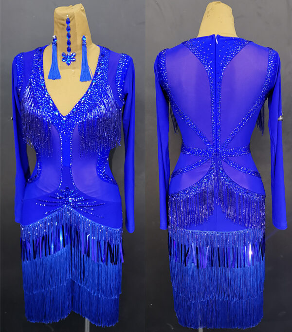 Blue Latin and Rhythm dance dress with beaded fringe and crystals