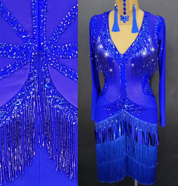 Blue Latin and Rhythm dance dress with beaded fringe and crystals - Image 2