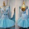 Light blue Latin and Rhythm dance dress with pearls, flared skirt, crystals - Image 4