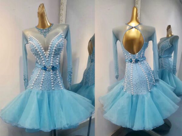 Light blue Latin and Rhythm dance dress with pearls, flared skirt, crystals - Image 4