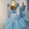 Light blue Latin and Rhythm dance dress with pearls, flared skirt, crystals - Image 2