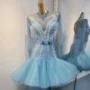 Light blue Latin and Rhythm dance dress with pearls, flared skirt, crystals