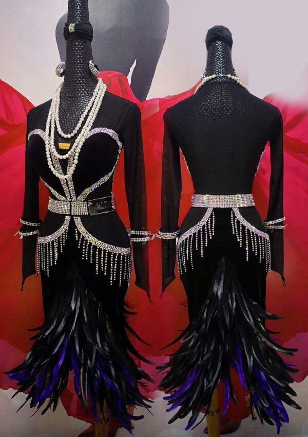 Black Latin and Rhythm dance dress with black and purple feathers, crystals, sequins, and belt.