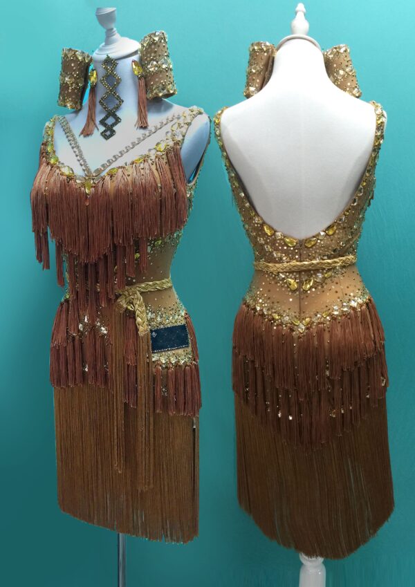 Bronze Latin and Rhythm dance dress with fringe and crystals