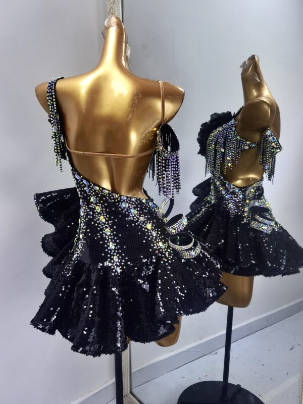 Black Latin and Rhythm dance dress with crystals and flowers - Image 2