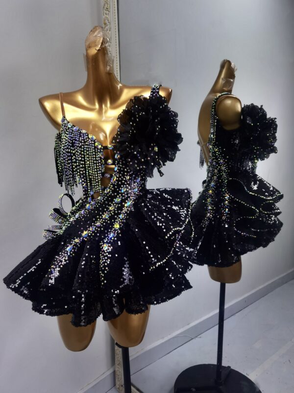 Black Latin and Rhythm dance dress with crystals and flowers