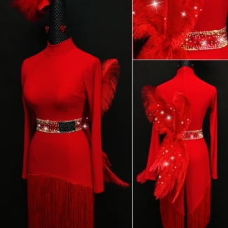 red latin dance dress with fringe