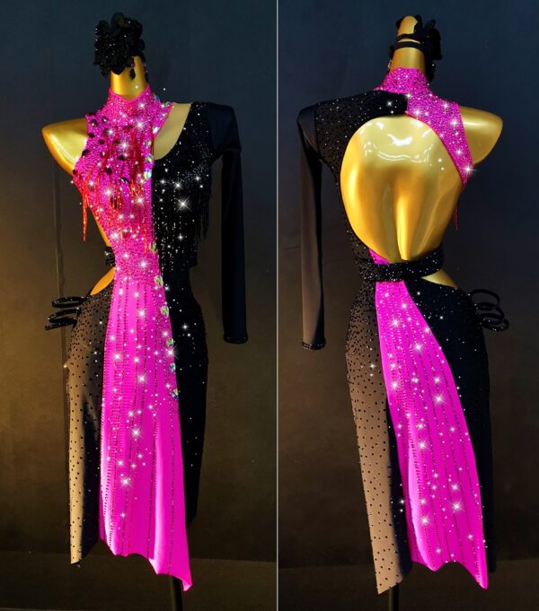 Black and pink Latin and Rhythm dance dress with fringe and crystals - Image 3