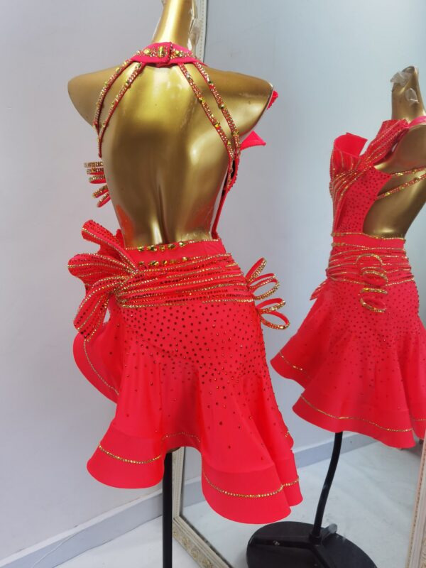 Coral red Latin and Rhythm dance dress with flared skirt - Image 2