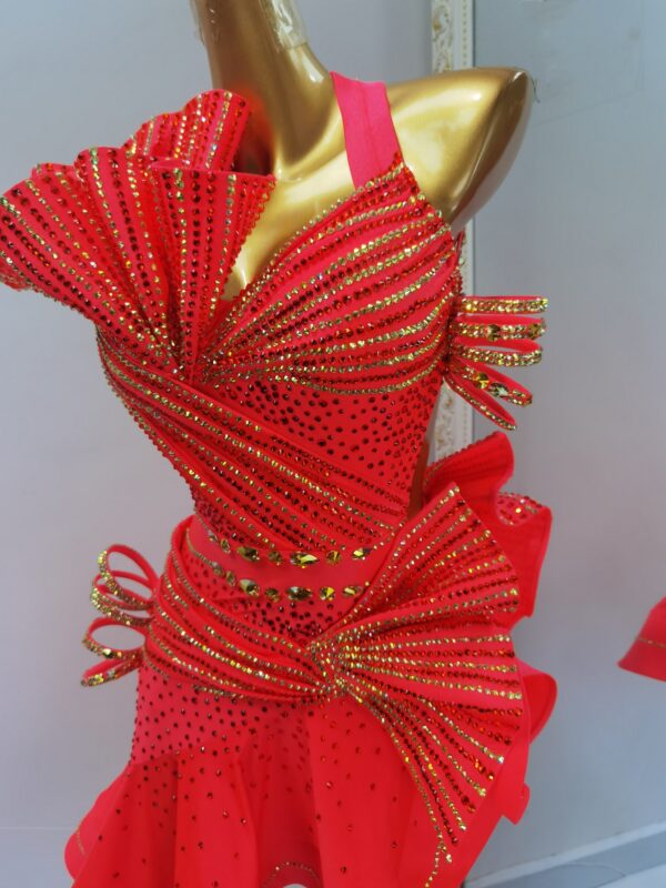 Coral red Latin and Rhythm dance dress with flared skirt - Image 3