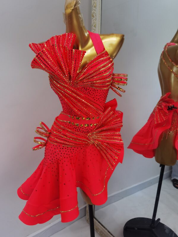 Coral red Latin and Rhythm dance dress with flared skirt