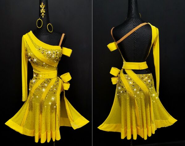 Yellow Latin and Rhythm dance dress with a flared skirt, slit and crystals - Image 3