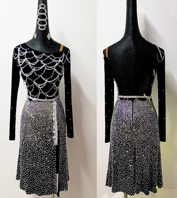 Black Latin and Rhythm dance dress with crystals and beads - Image 2