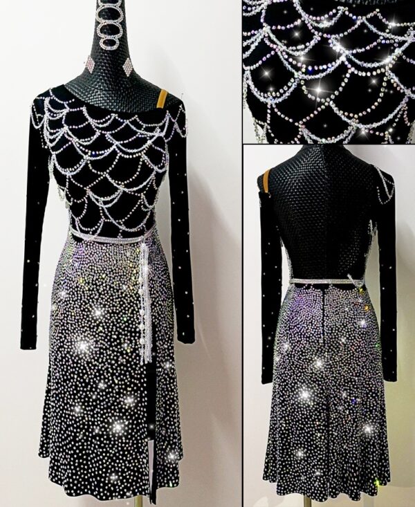 Black Latin and Rhythm dance dress with crystals and beads