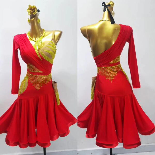 Red and gold Latin and Rhythm dance dress with a flared skirt, golden crystals - Image 3