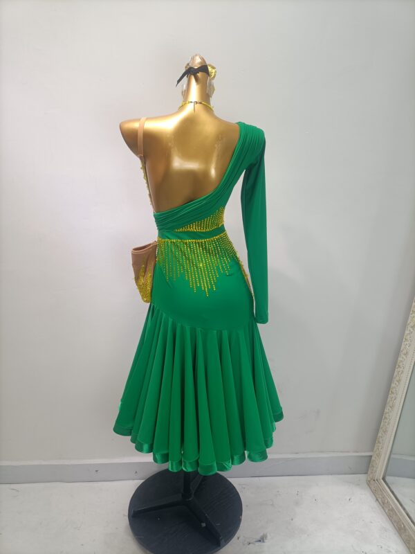 Green and gold Latin and Rhythm dance dress with a flared skirt, golden crystals - Image 2