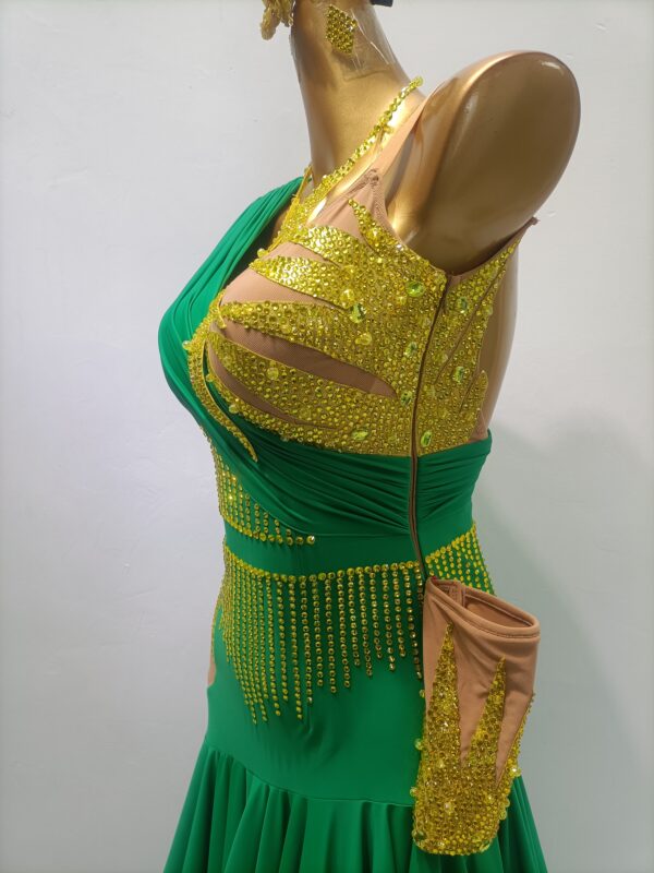 Green and gold Latin and Rhythm dance dress with a flared skirt, golden crystals - Image 3