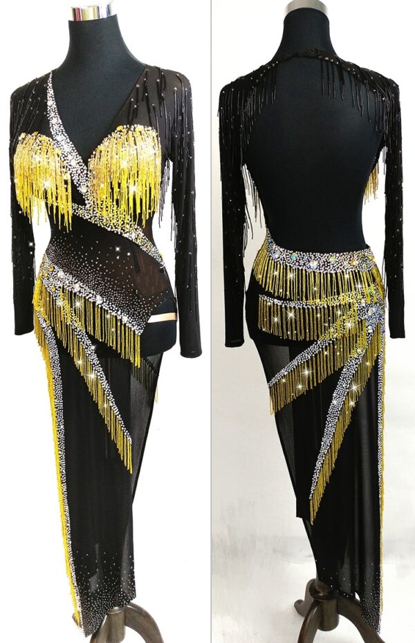 Black Latin and Rhythm dance dress with yellow beaded fringe, crystals and slit - Image 3