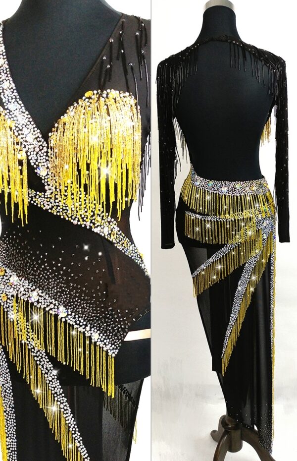 Black Latin and Rhythm dance dress with yellow beaded fringe, crystals and slit - Image 2