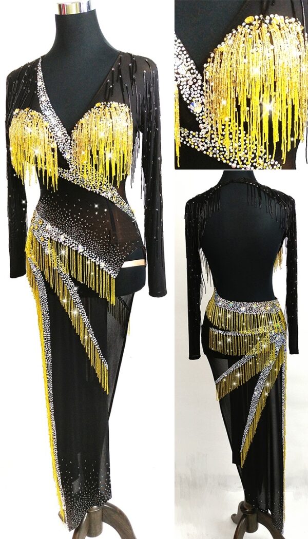 Black Latin and Rhythm dance dress with yellow beaded fringe, crystals and slit