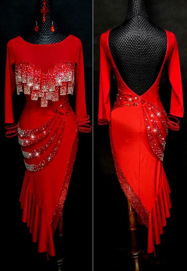 Red Latin and Rhythm dance dress with stoned fringe and drapes - Image 3