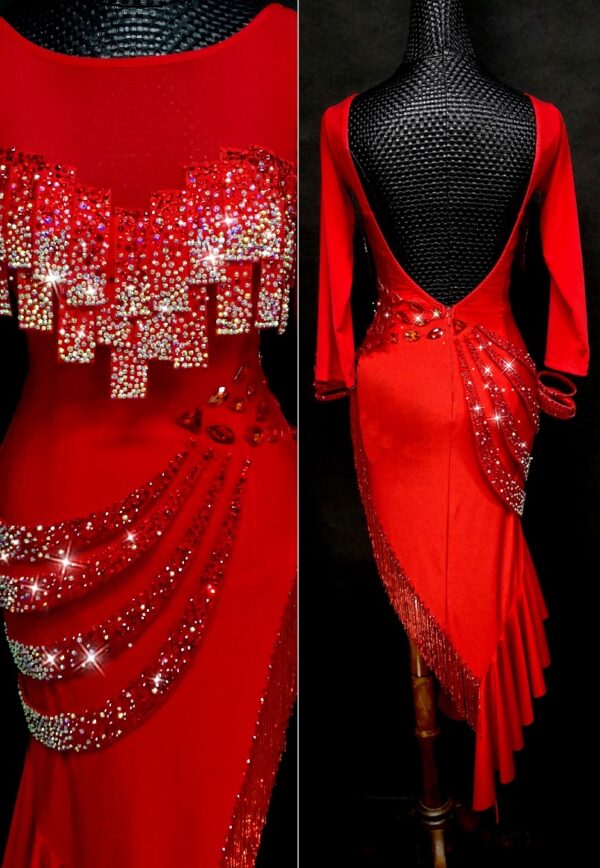 Red Latin and Rhythm dance dress with stoned fringe and drapes - Image 2
