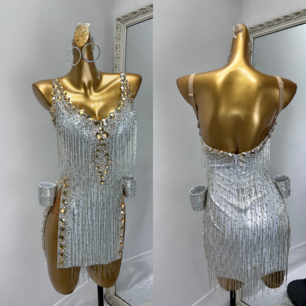 Silver Latin and Rhythm dance dress with beaded fringe, crystals and slits - Image 3