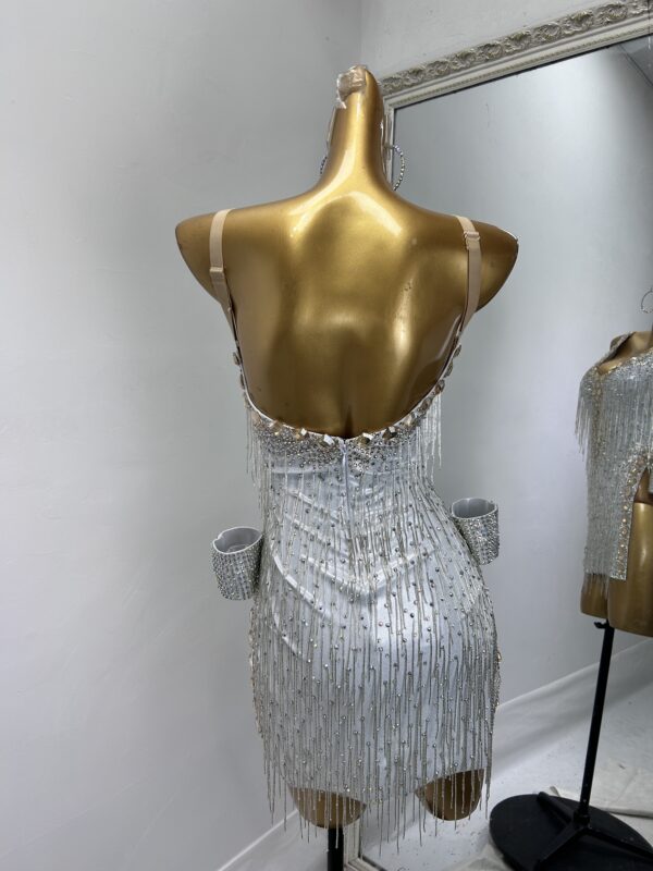 Silver Latin and Rhythm dance dress with beaded fringe, crystals and slits - Image 2