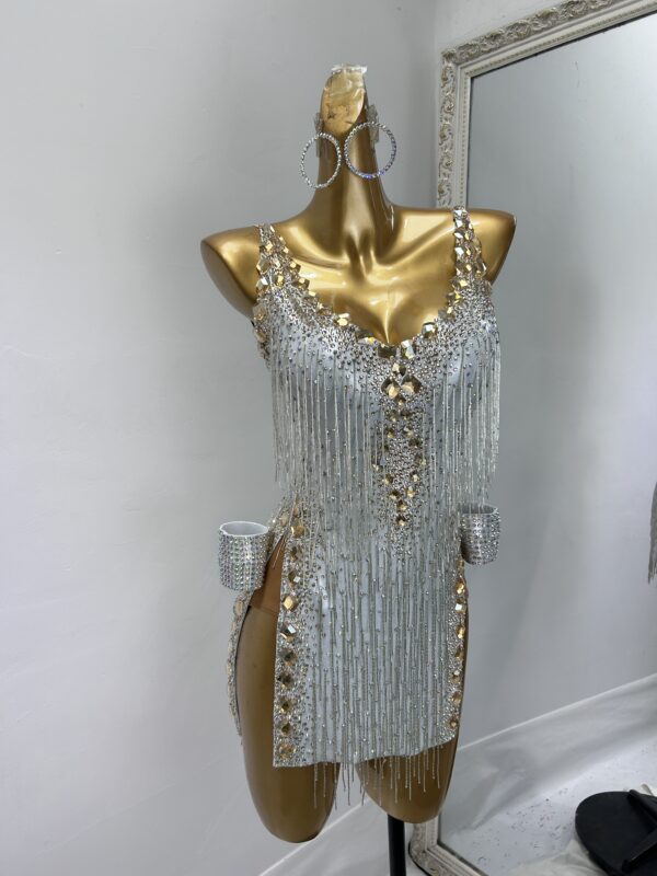 Silver Latin and Rhythm dance dress with beaded fringe, crystals and slits