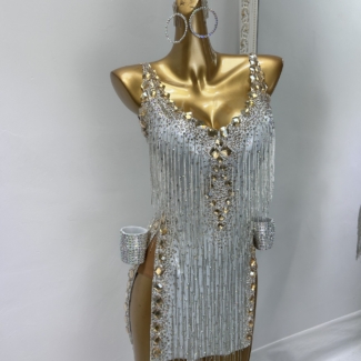 silver latin dance dress with beaded fringe