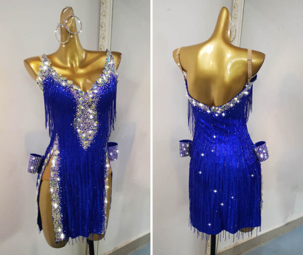 Royal blue Latin and Rhythm dance dress with beaded fringe, crystals and slits - Image 3