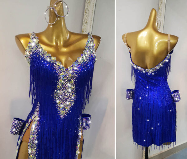 Royal blue Latin and Rhythm dance dress with beaded fringe, crystals and slits - Image 2